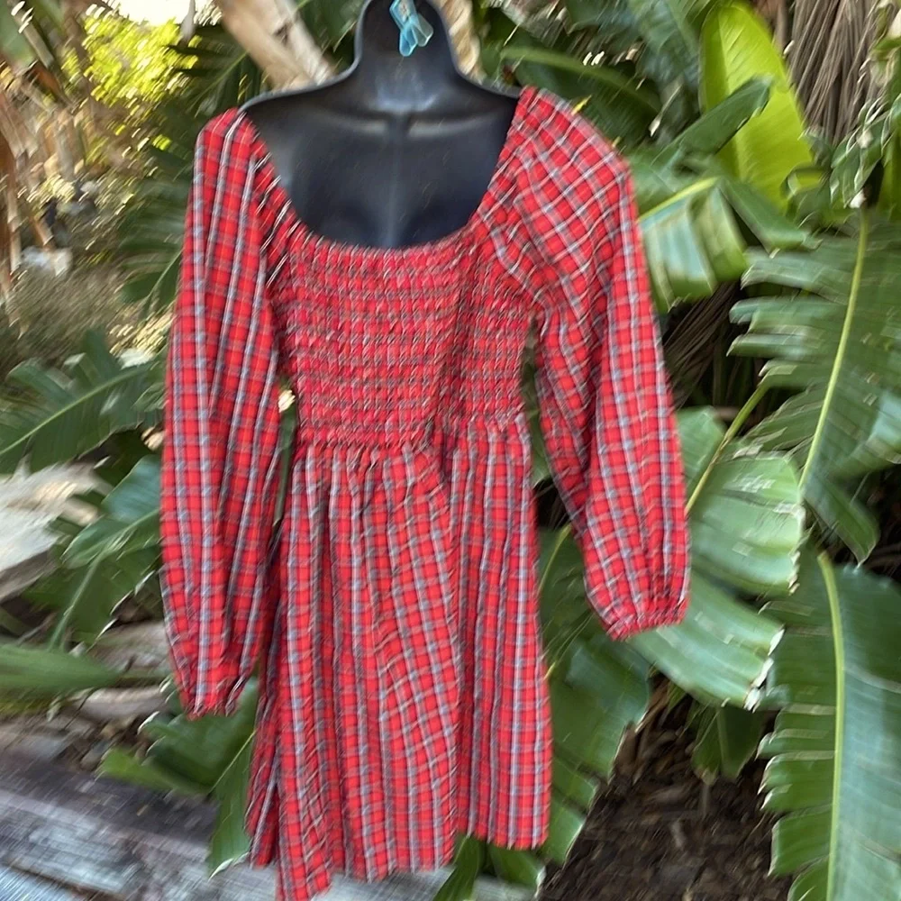 off the shoulder plaid puff sleeve dress with smocked bodice - Picture 3 of 6